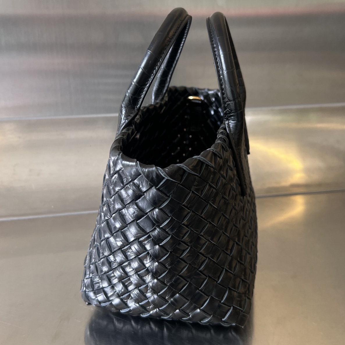 Mini Cabat Intreccio Crocodile Grain Leather Tote Black